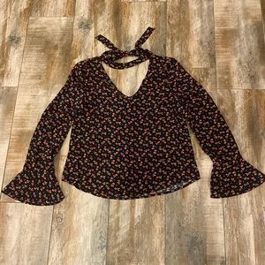 Sanctuary Bell-sleeve Choker Top Size S Floral Blouse Long Sleeves